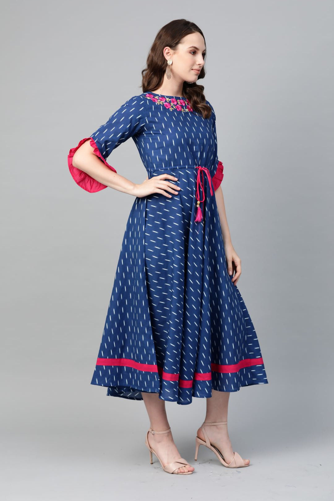 Cambric Cotton Embroidered Ikat Print Anarkali Kurta Dress (Blue)