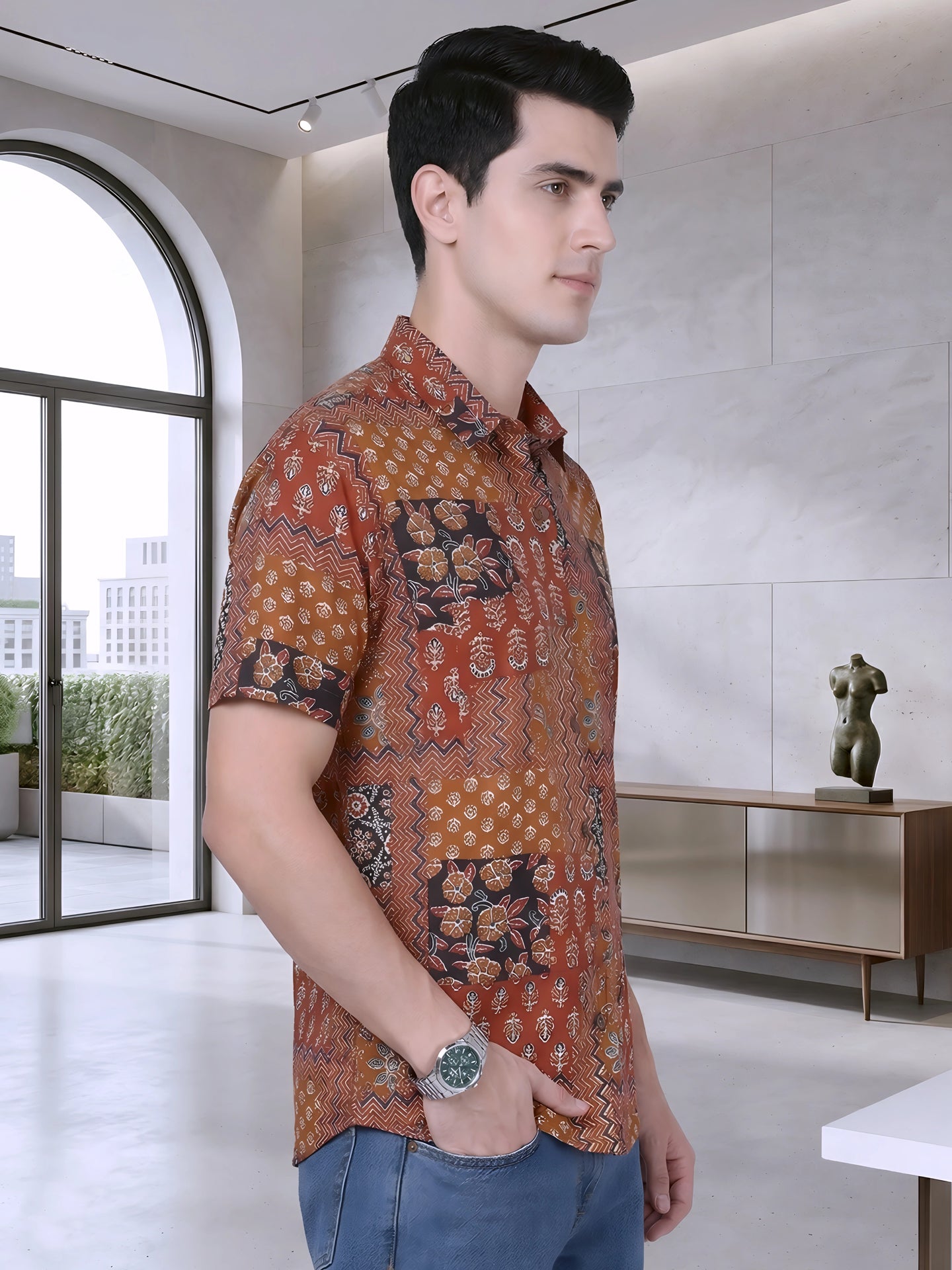 Yash Gallery Men's Cotton Cambric Handblock Print Regular Shirt (Mint)