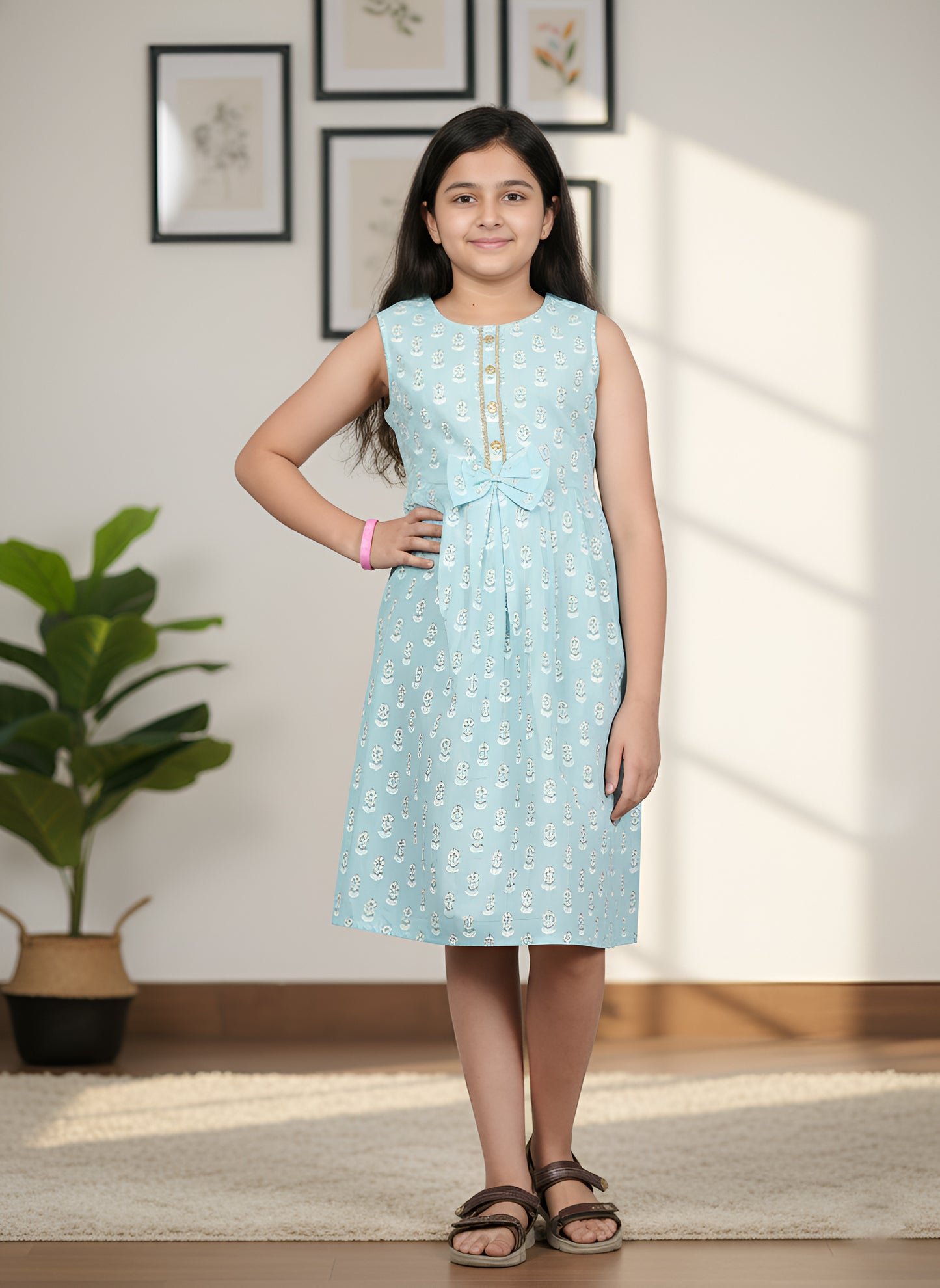 YASH GALLERY Kids Cotton Floral Printed Embroidered Pleated Dress (SkyBlue)