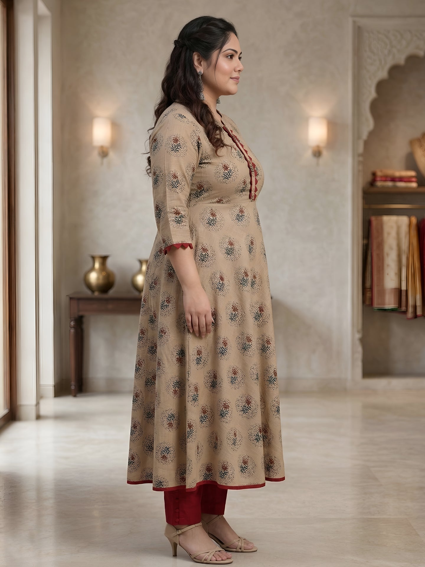 Cotton Blend Floral Print Anarkali Kurta Plus Size (Beige)