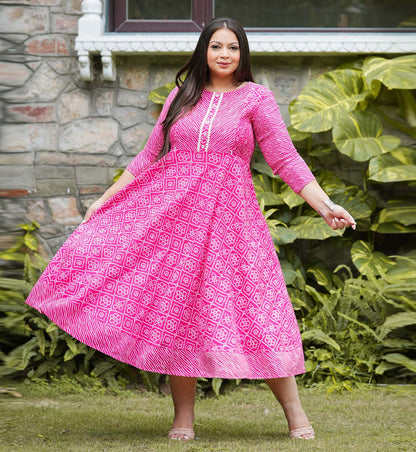 YASH GALLERY Women's Stretchable Plus Size Maternity Wear Bandhej Printed Anarkali Dress