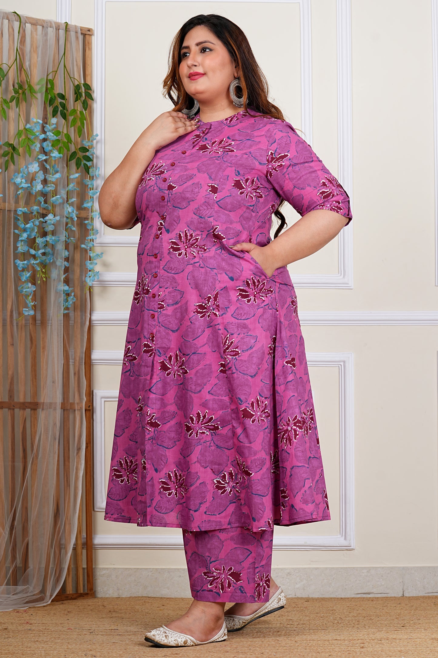 Yash Gallery Women's Cotton Floral Print Knee Length Half Sleeve A-line Kurta With Pant