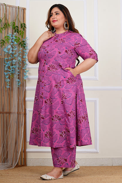Yash Gallery Women's Cotton Floral Print Knee Length Half Sleeve A-line Kurta With Pant