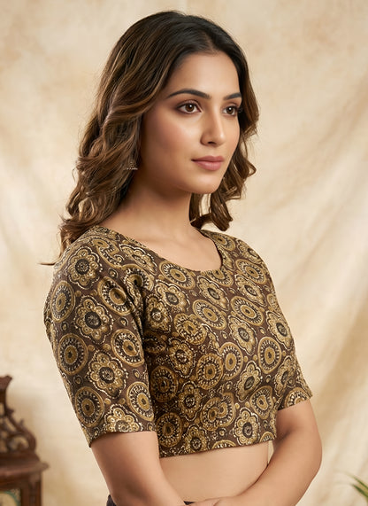 Yash Gallery Women’s Cotton Printed Round Neck Half Sleeve Blouse with Both Side Bobbin Elastic (Brown)
