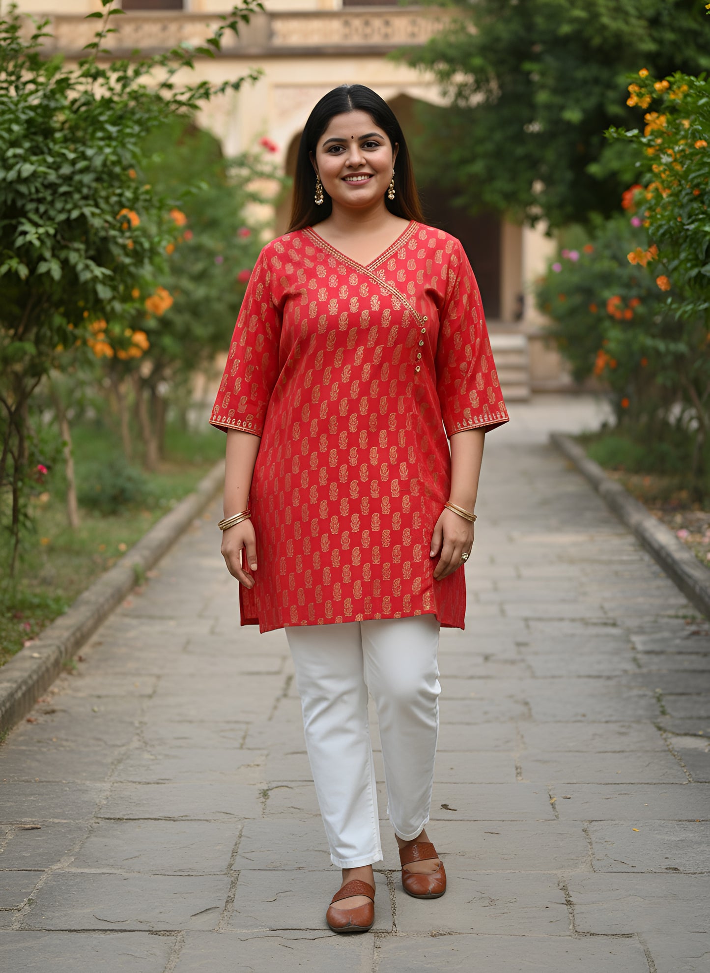 Yash Gallery Women’s Cotton Gold Block Print V-Neck and 3/4 Sleeves Wrap Style Kurti