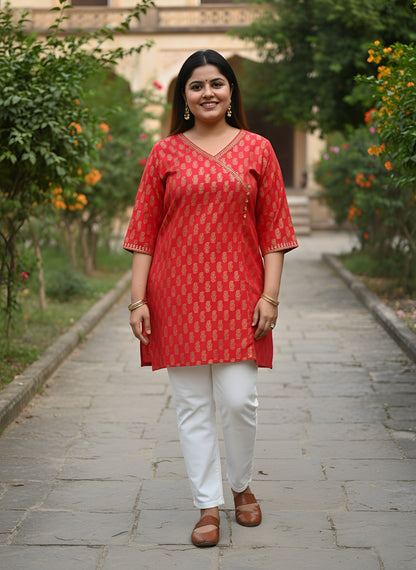 Yash Gallery Women’s Cotton Gold Block Print V-Neck and 3/4 Sleeves Wrap Style Kurti