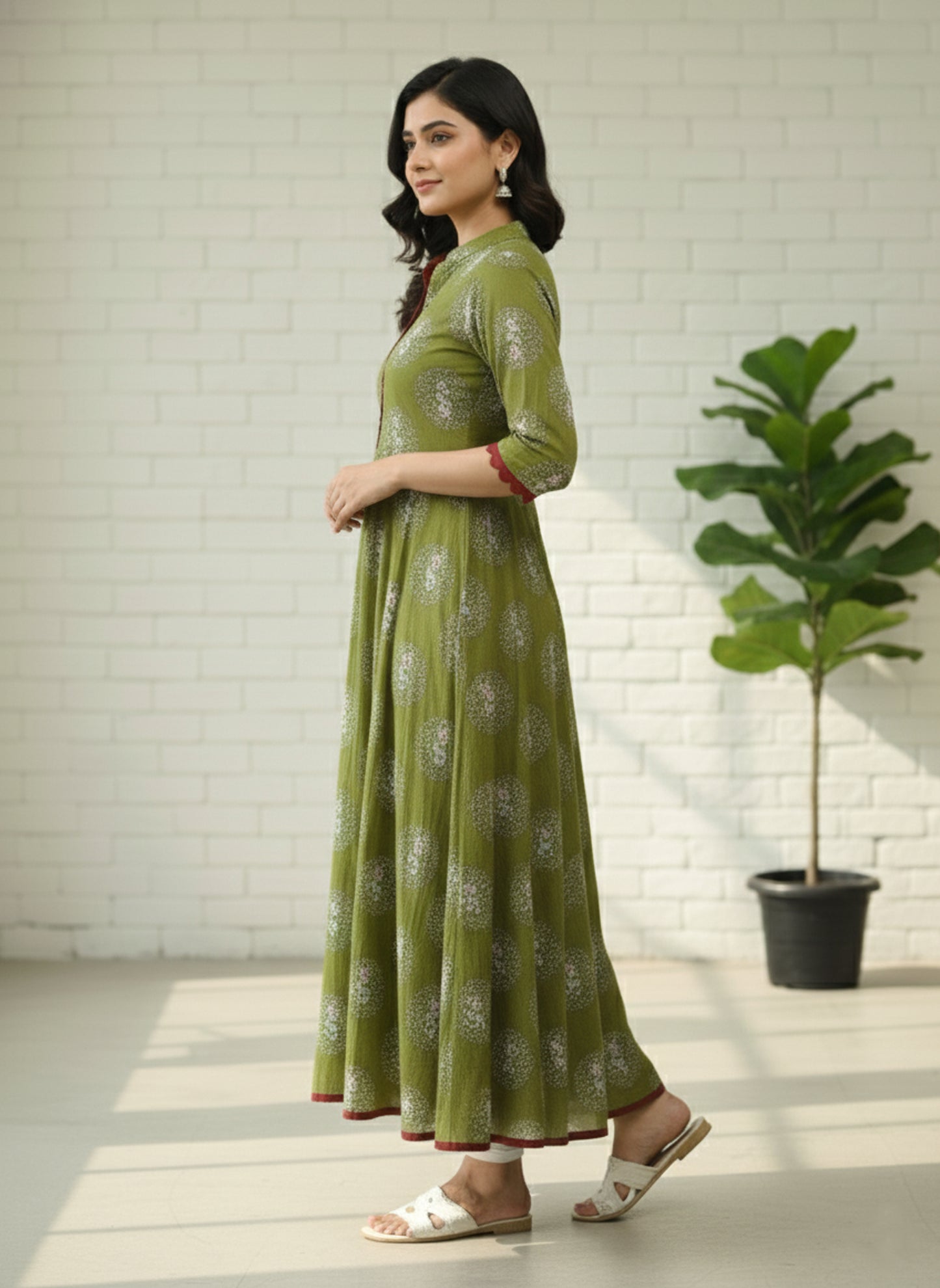 Yash Gallery Women's Cotton Relaxed Fit Anarkali Kurta (Green)