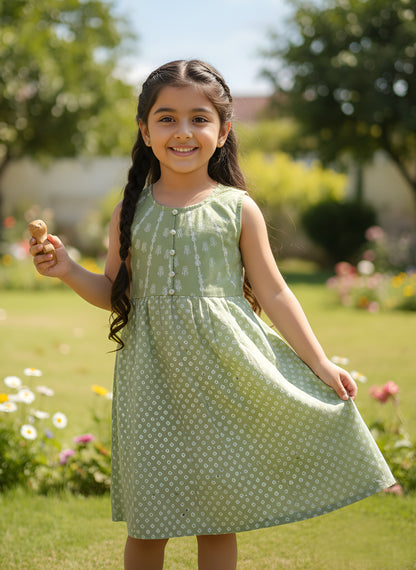 Yash Gallery Kids Georgette Silver-Print A-Line Dress Sleeveless, Round Neck