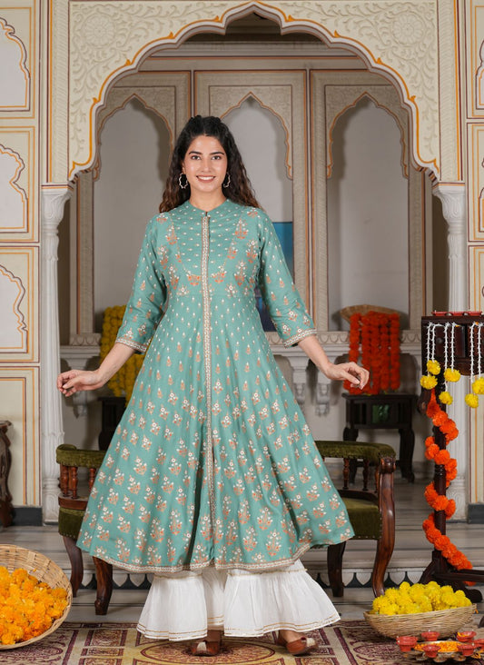 Rayon Floral Printed Anarkali Kurta (GREEN)