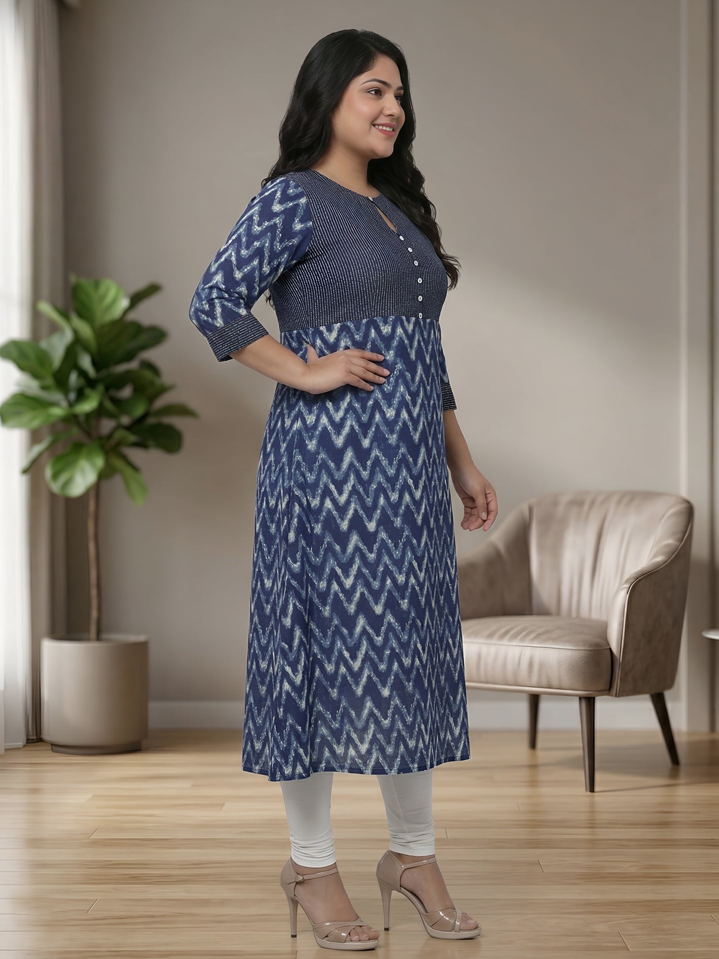 Cotton Chevron Print Kaantha Work A-line Kurta (Blue)