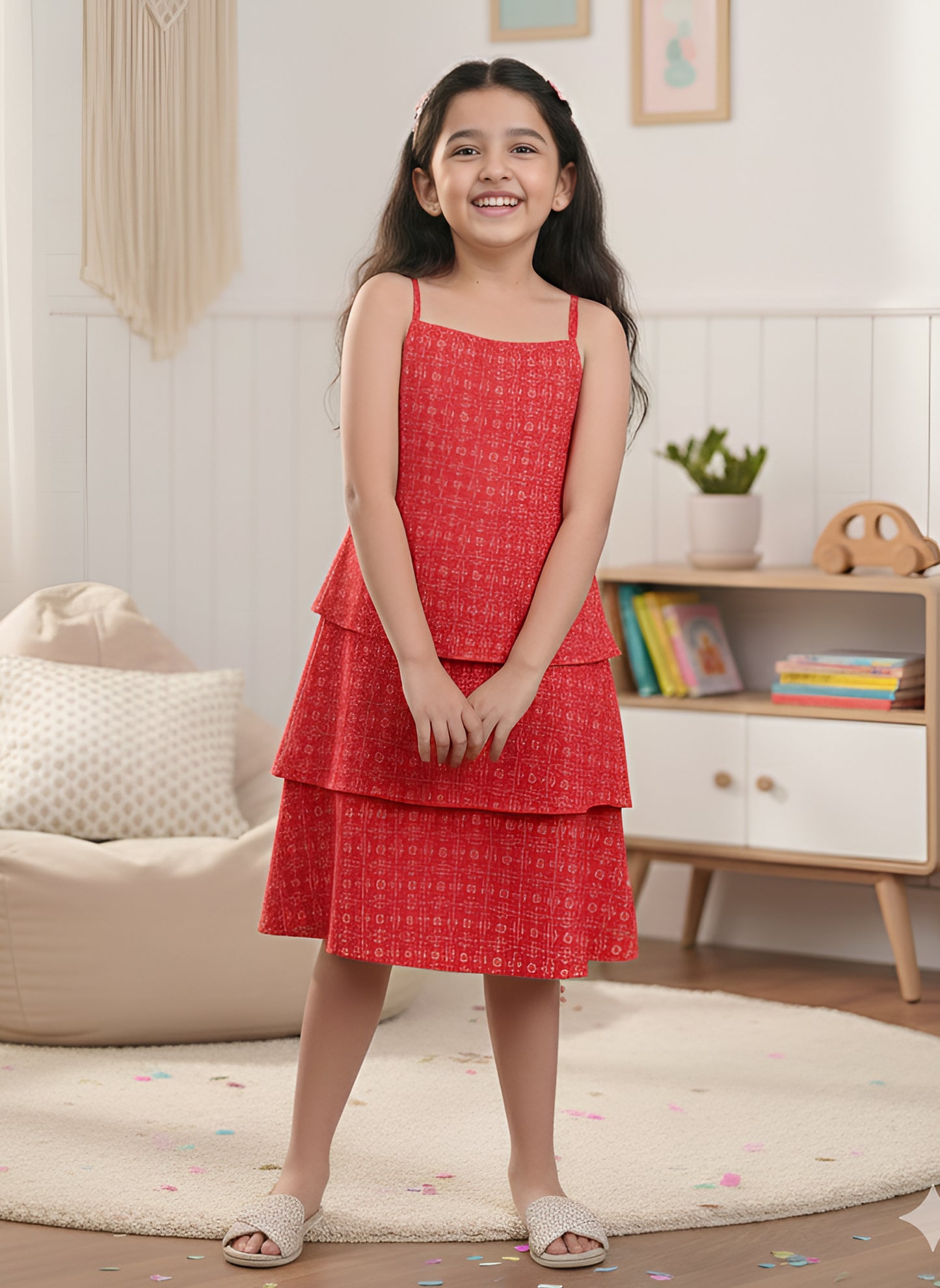 YASH GALLERY Kids Rayon Floral Printed Layered Dress (Red)