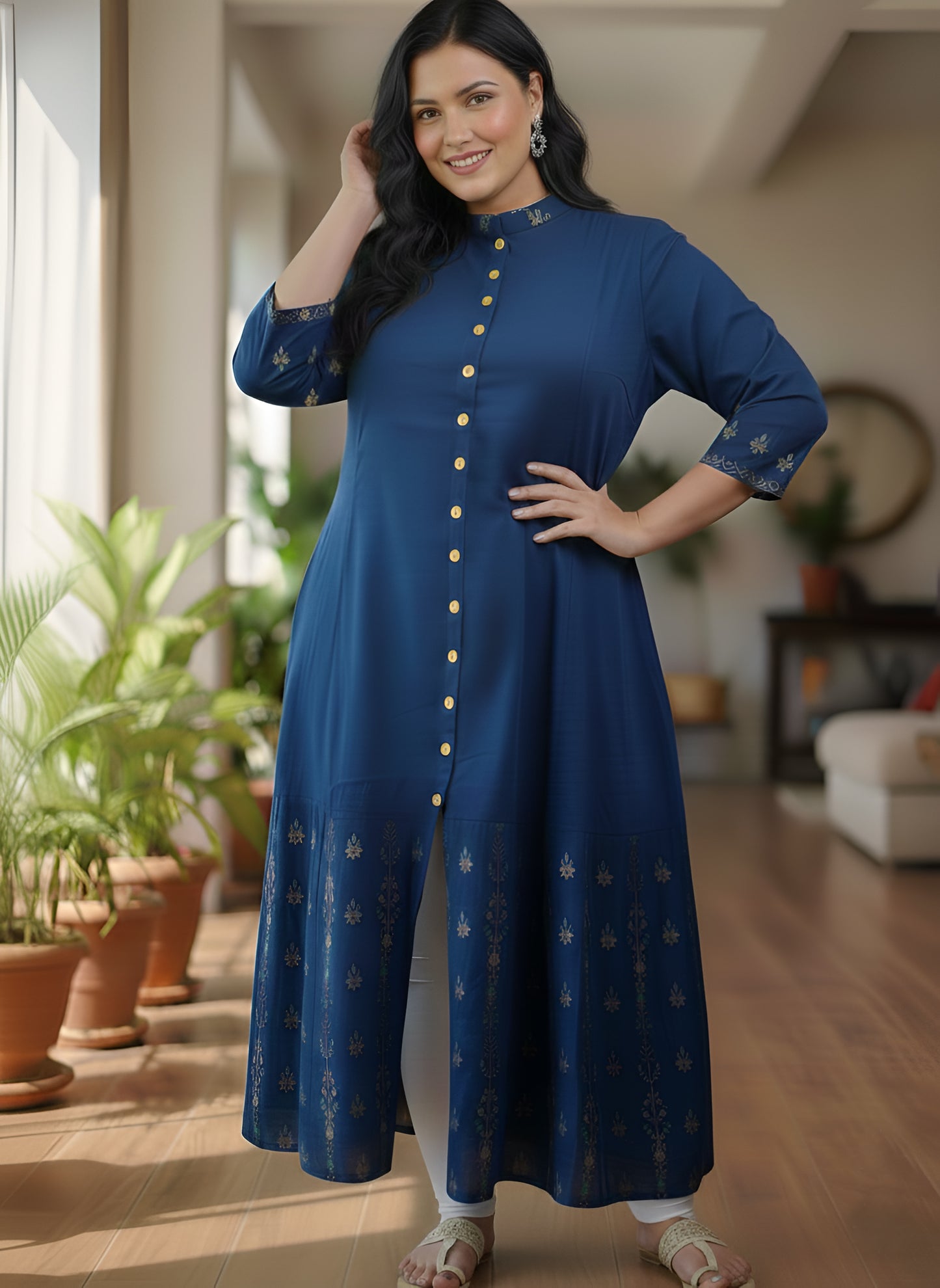 YASH GALLERY Women’s Rayon Staple Gold Print Front Slit A-Line Kurta