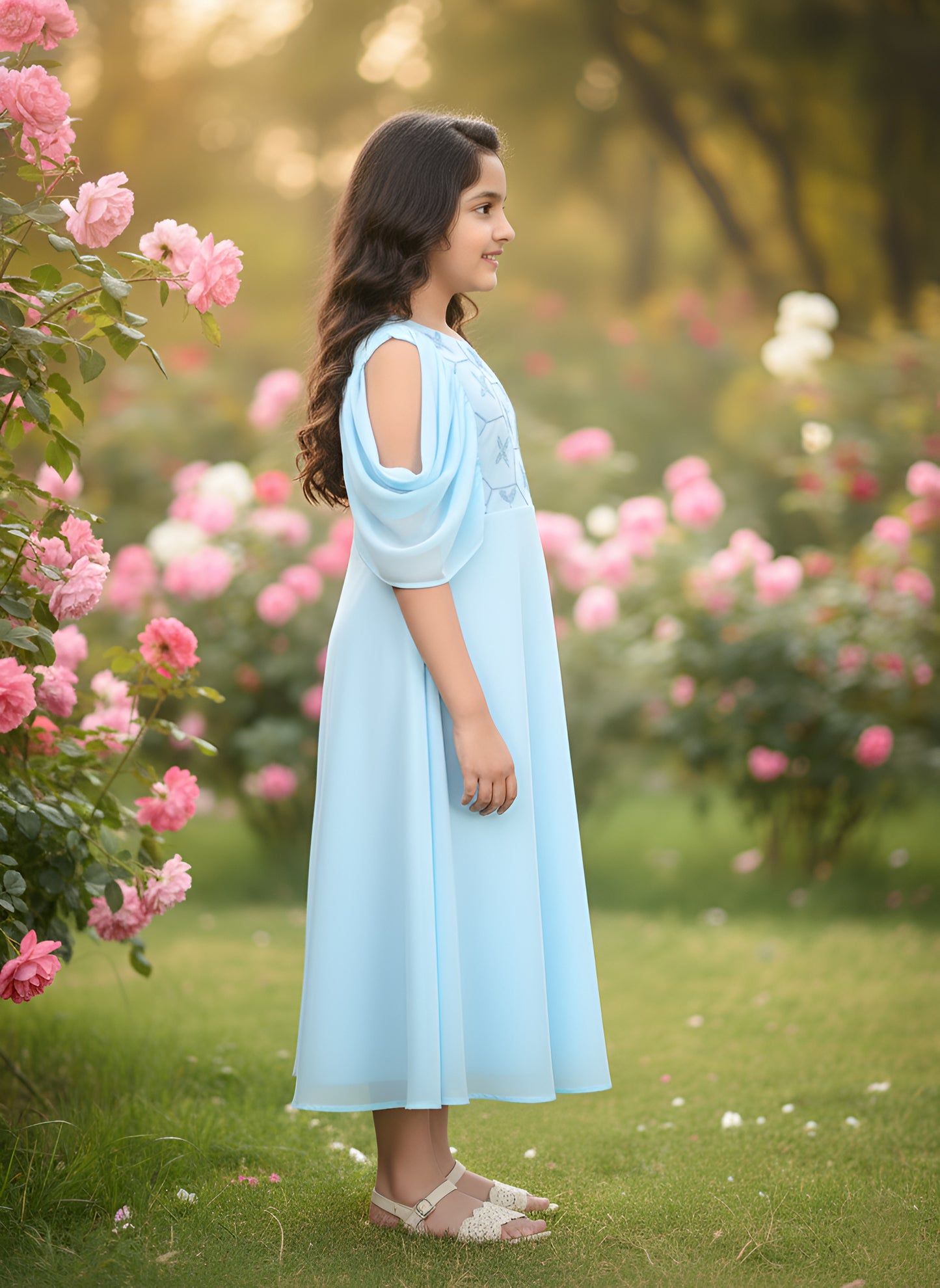 Yash Gallery Kids Georgette Floral Embroidered Anarkali Dress (SkyBlue)