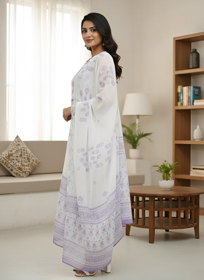 Women's Cotton Straight Kurta Sleeveless Floral Print  With Pant And Duptta (Purple)
