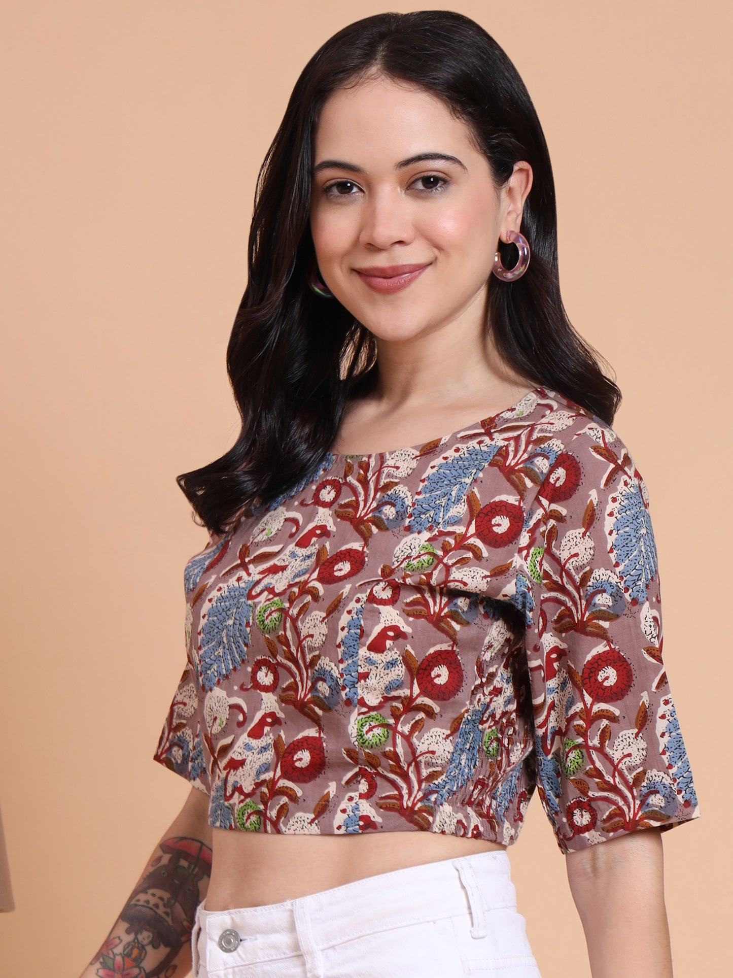 YASH GALLERY Women’s Cambric Cotton Floral Printed Blouse with Both Side Bobbin Elastic