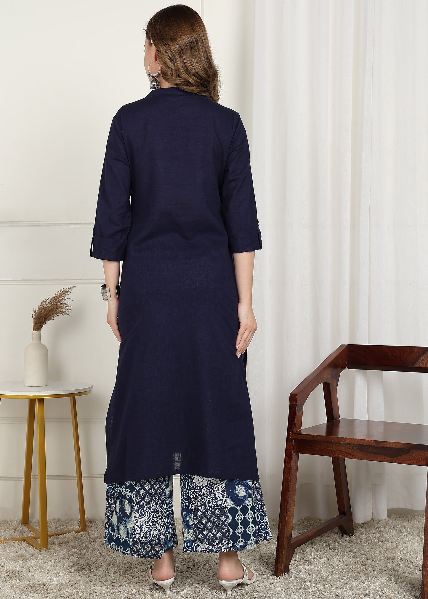 Women's Cotton Slub Solid Straight Kurta with Patchwork Print Palazzo Set (Maroon)