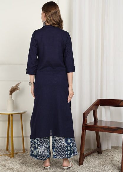 Women's Cotton Slub Solid Straight Kurta with Patchwork Print Palazzo Set (Maroon)