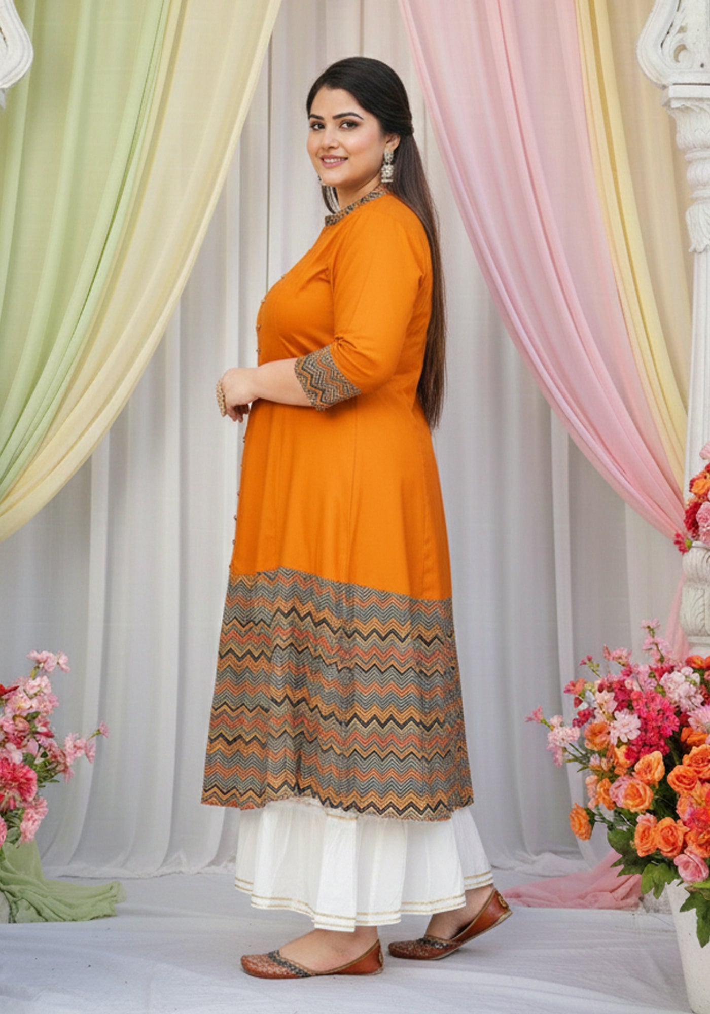 Rayon & Cotton Cambric Zig-Zag Printed A-line Kurta Plus Size