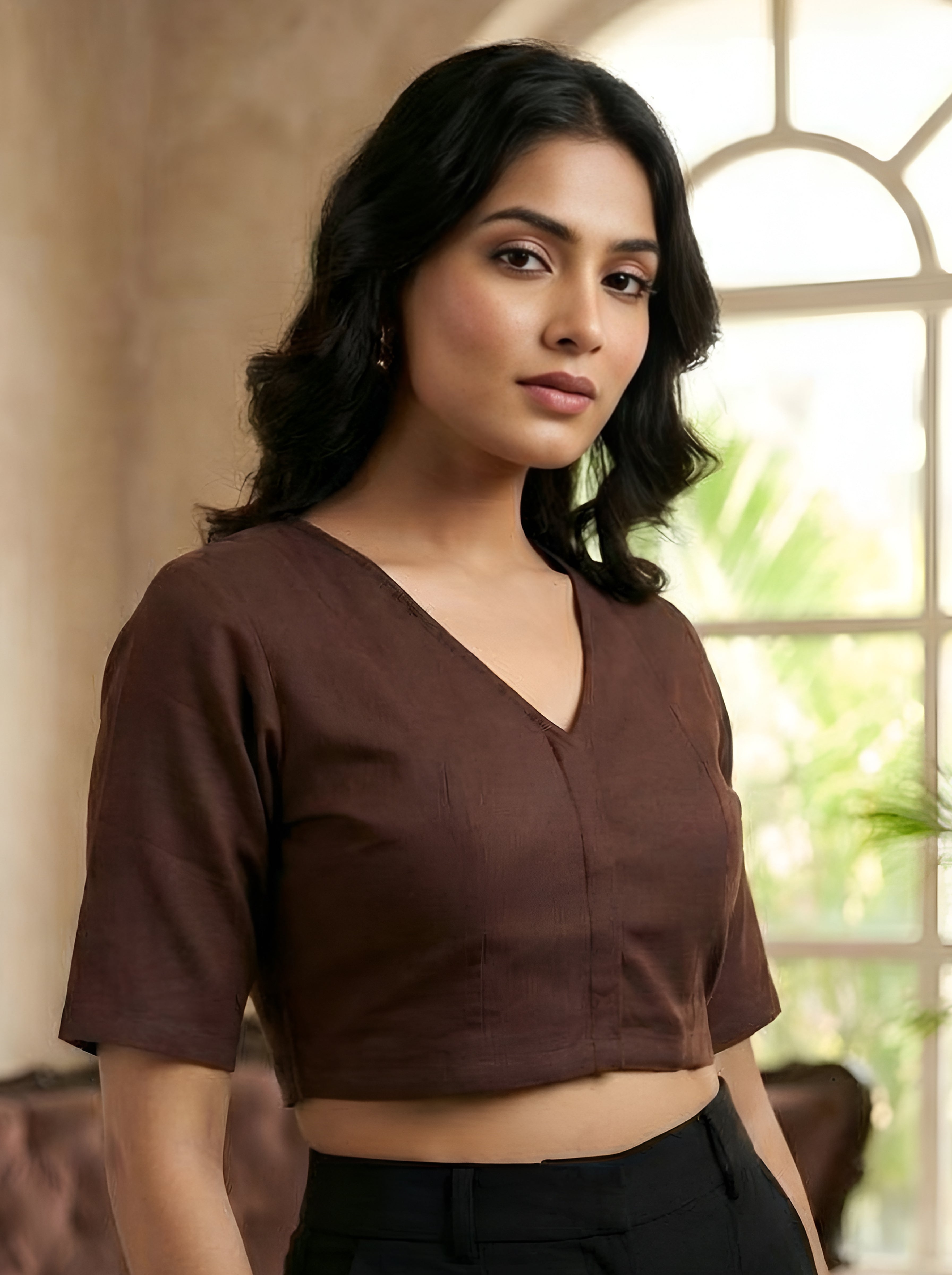 トップス deres half sleeve blouse chocolate Round Neck Half Sleeves Blouse (Brown) – Yash Gallery