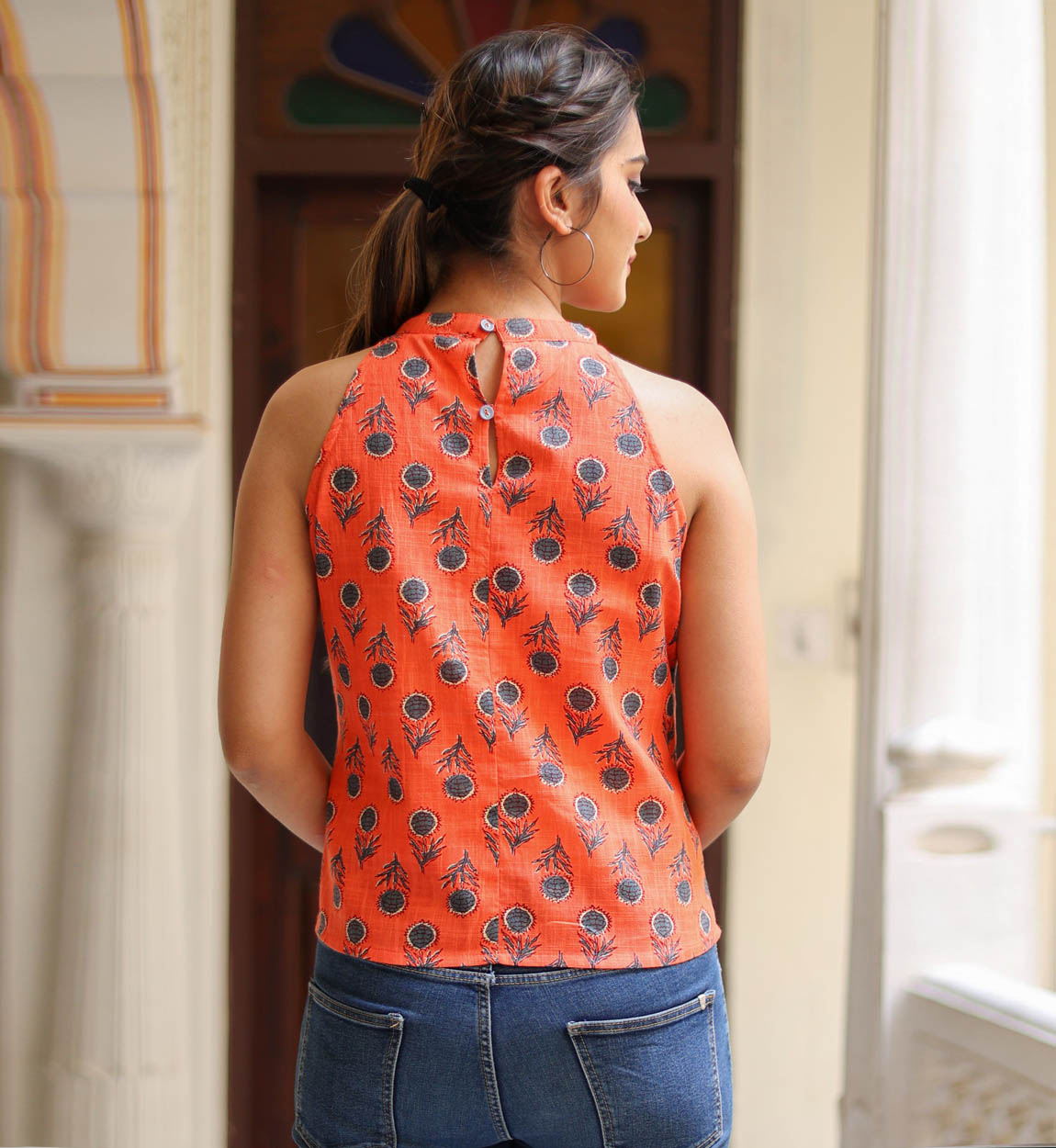 Yash Gallery Women's Floral Printed Hot Neck Regular Top