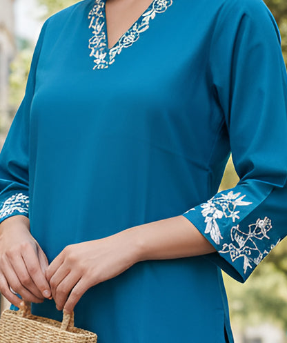 Yash Gallery Women’s Rayon Embroidered Top and Pants Set for Festive, Office & Casual Wear Co-ord Set (Teal)