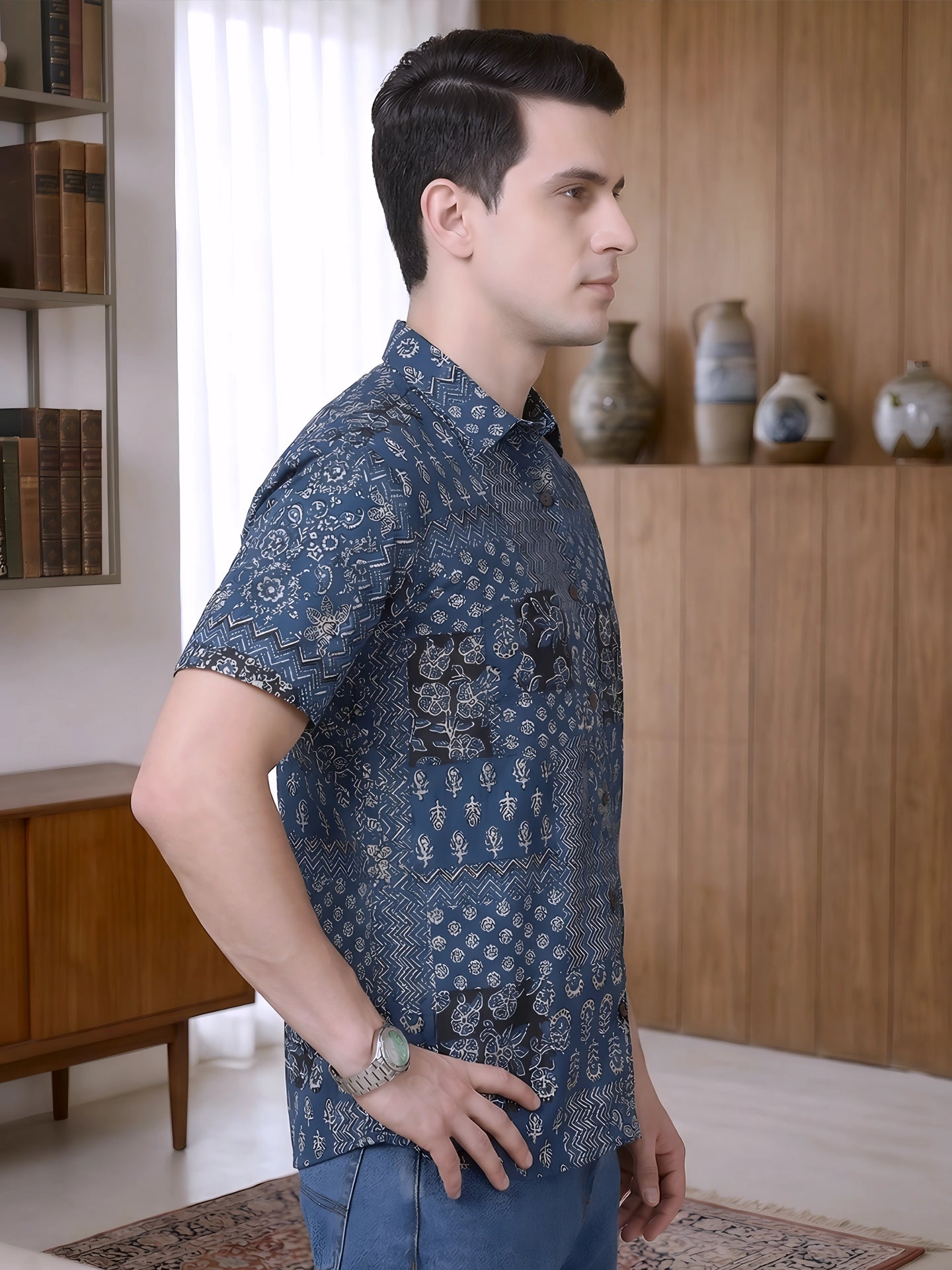 Yash Gallery Men's Cotton Cambric Handblock Print Regular Shirt (Mint)