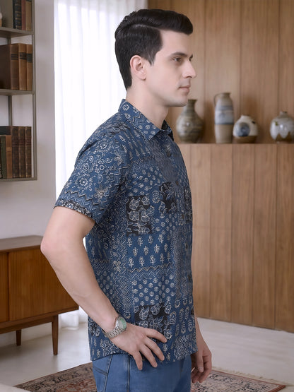 Yash Gallery Men's Cotton Cambric Handblock Print Regular Shirt (Mint)