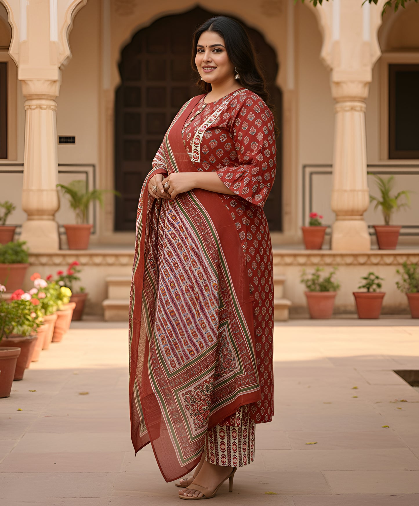 Yash Gallery Women’s Rayon Floral Print Straight Kurta & Printed Pants with Dupatta Set (Maroon)