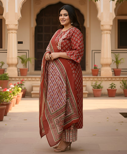 Yash Gallery Women’s Rayon Floral Print Straight Kurta & Printed Pants with Dupatta Set (Maroon)