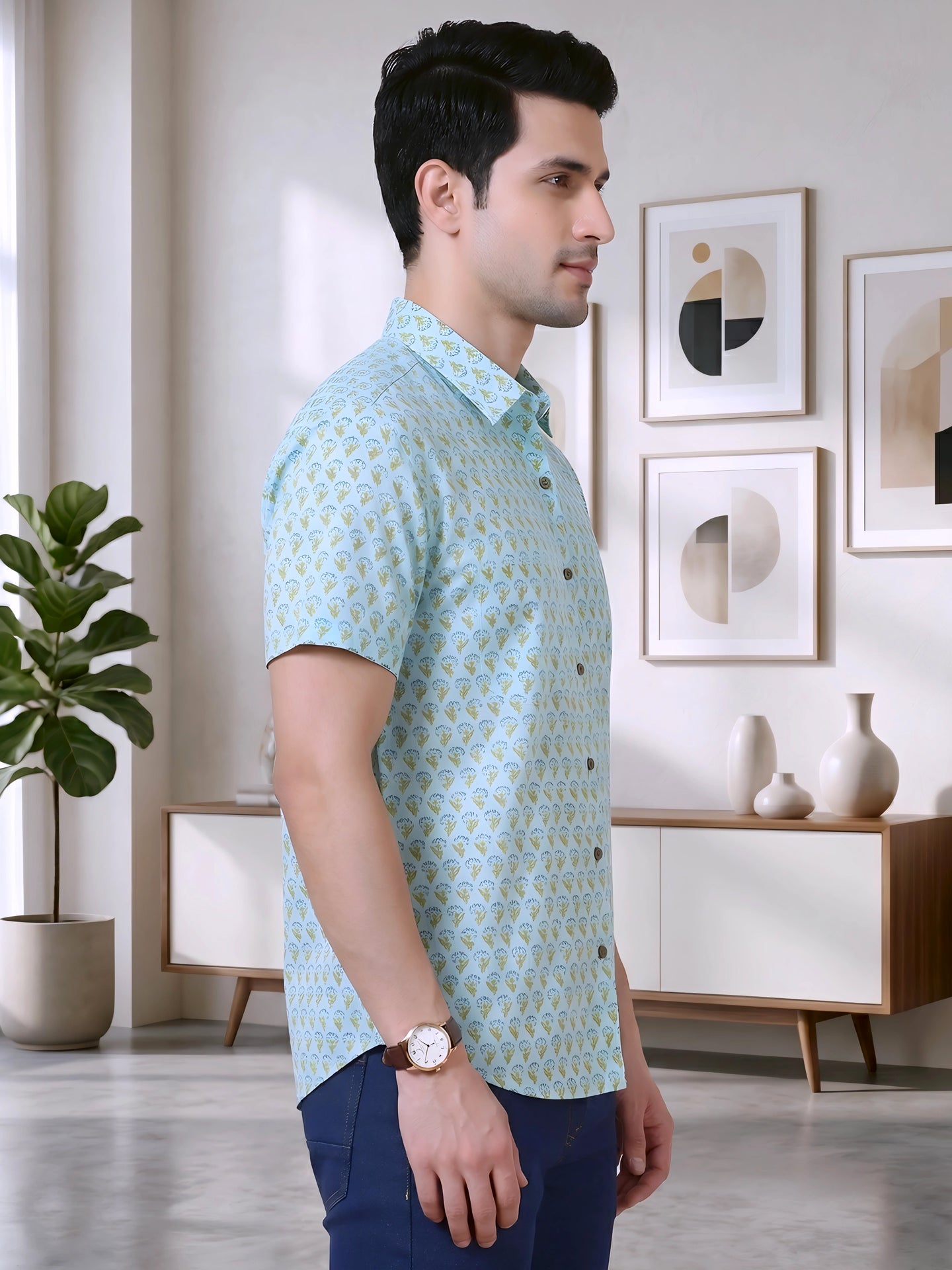 Yash Gallery Men's Cotton Cambric Handblock Print Regular Shirt (Mint)
