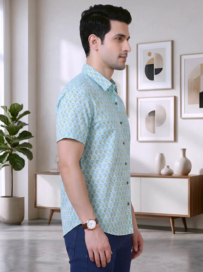 Yash Gallery Men's Cotton Cambric Handblock Print Regular Shirt (Mint)