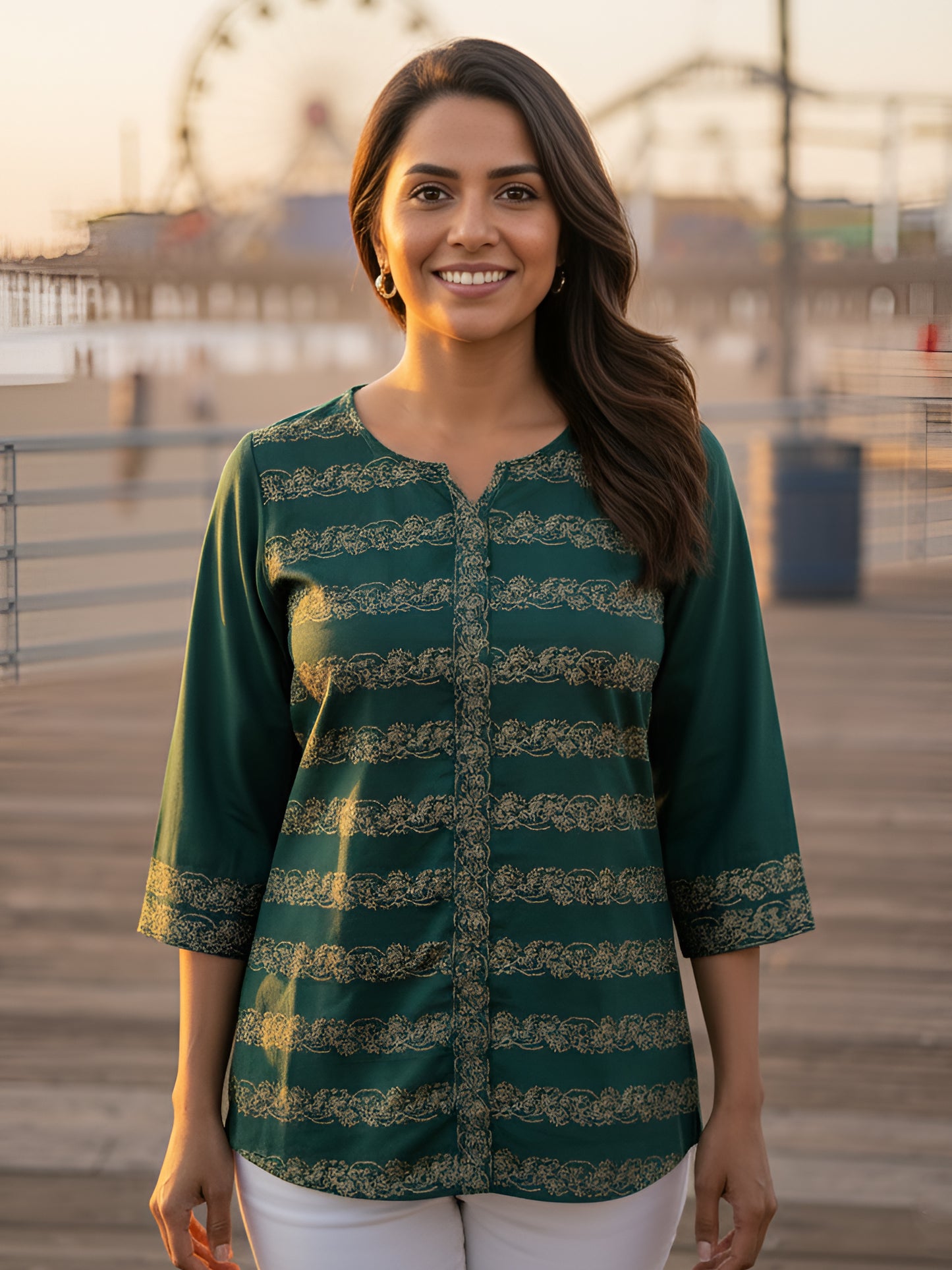 Yash Gallery Women's Ethnic Green Rayon Tunic Top with Elegant Gold Print, 3/4th Sleeve (Green)