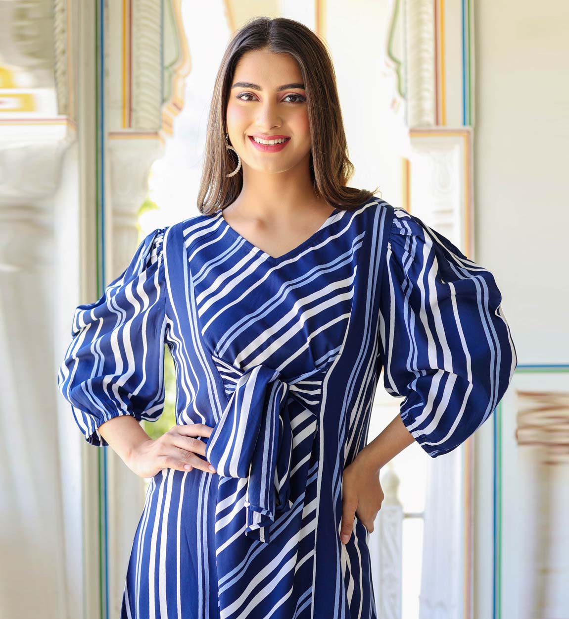 Yash Gallery Women's Stripe Printed A-line Dress Yash Gallery Women's Stripe Printed A-line Dress