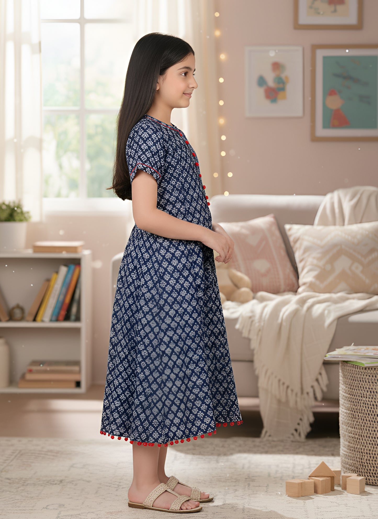 Yash Gallery Kids Cotton Floral Print Anarkali Dress (Blue)