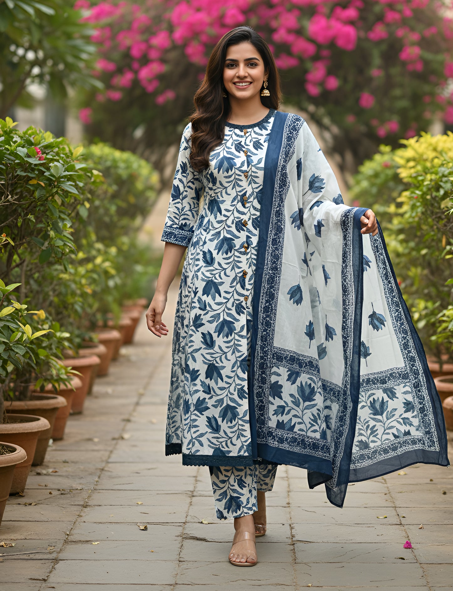 Yash Gallery Women’s Cotton Printed Kurta with Button Detail, Printed Pants & Matching Printed Dupatta Round Neck, 3/4 Sleeves (Blue)