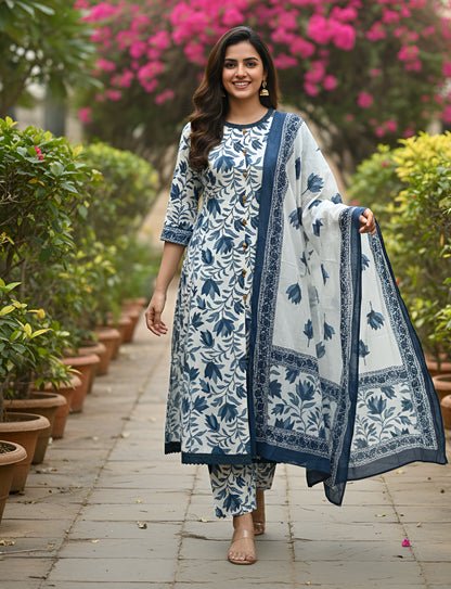 Yash Gallery Women’s Cotton Printed Kurta with Button Detail, Printed Pants & Matching Printed Dupatta Round Neck, 3/4 Sleeves (Blue)