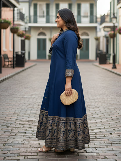 Yash Gallery Women’s Navy Blue Rayon Kurta with Golden Foil Print, 3/4th Sleeves (Navy Blue)