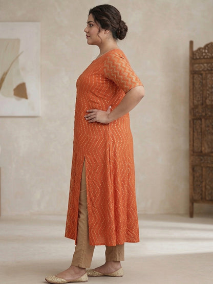 Yash Gallery Women's Rayon Zig-Zag Gold Print Anarkali Kurta Plus Size (Orange)