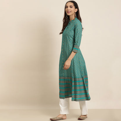 Green Cotton Floral Printed Anarkali Kurta (Green)