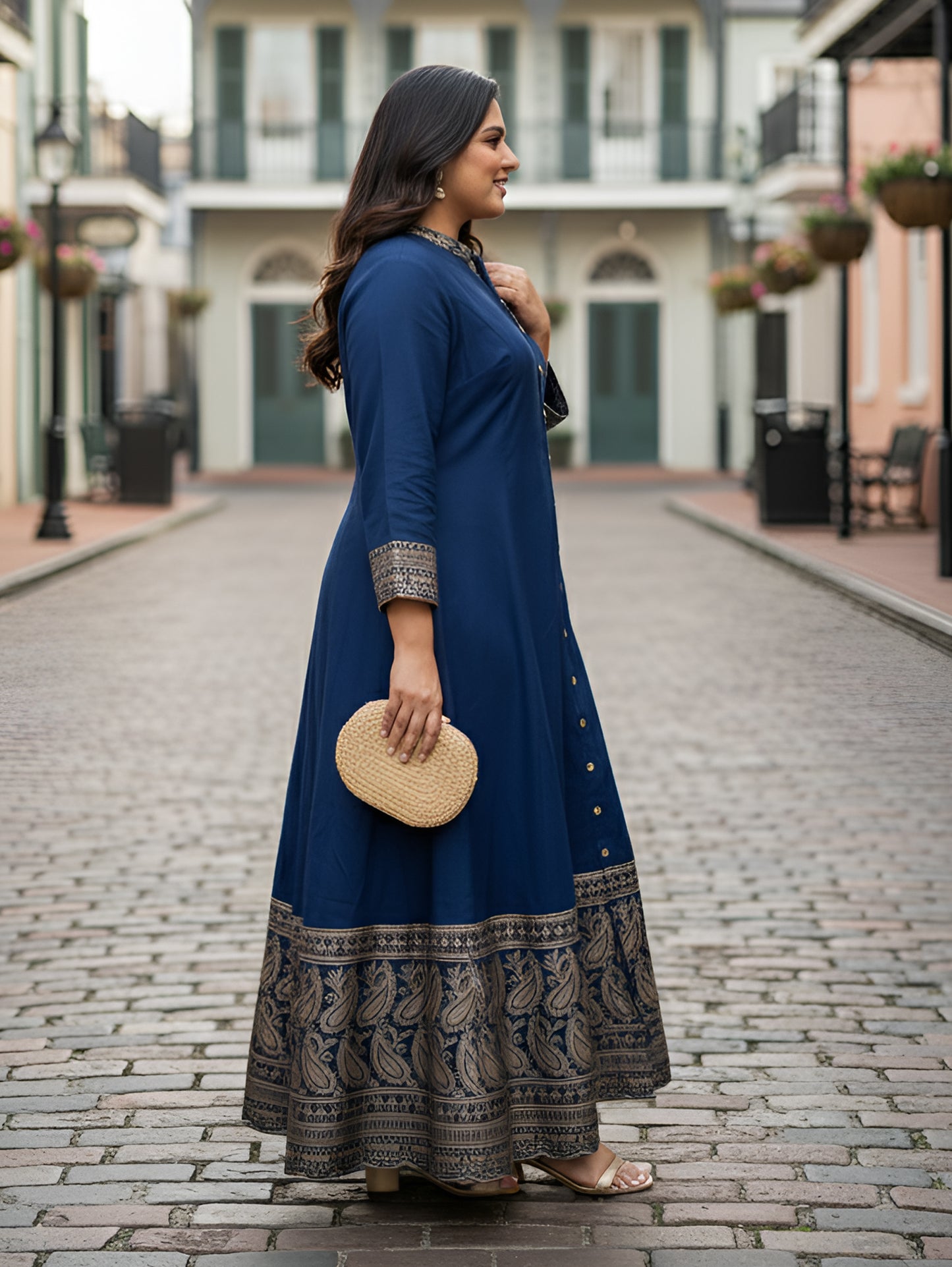 Yash Gallery Women’s Navy Blue Rayon Kurta with Golden Foil Print, 3/4th Sleeves (Navy Blue)