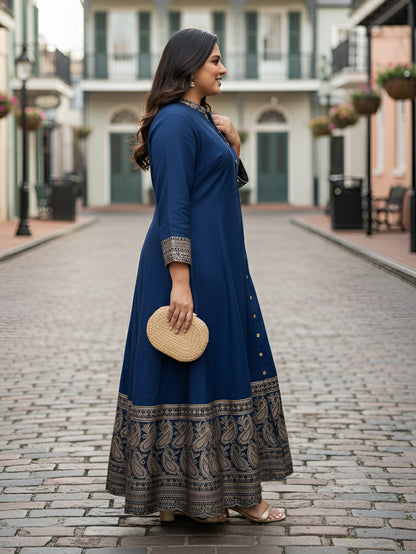 Yash Gallery Women’s Navy Blue Rayon Kurta with Golden Foil Print, 3/4th Sleeves (Navy Blue)
