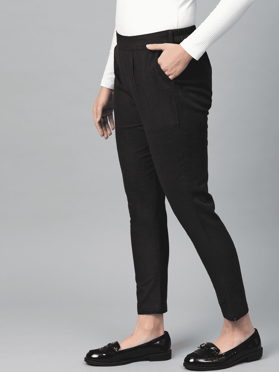 Cotton Slub Solid Regular Fit Casual Trouser Pants (BLACK)