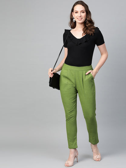 Cotton Slub Solid Regular Fit Casual Trouser Pants