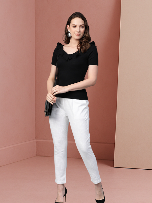 Cotton Slub Solid Regular Fit Casual Trouser Pants