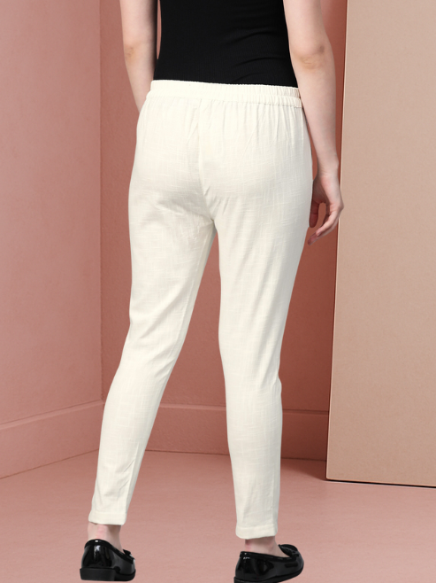 Cotton Slub Solid Regular Fit Casual Trouser Pants (OFF-WHITE)
