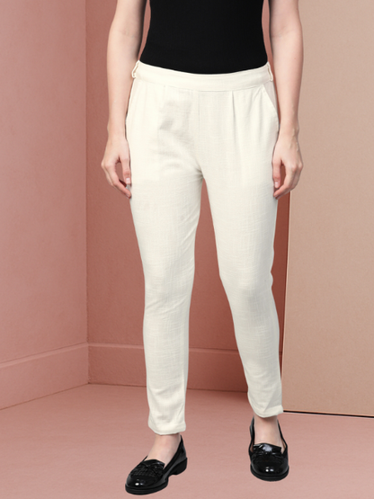 Cotton Slub Solid Regular Fit Casual Trouser Pants (OFF-WHITE)