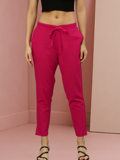 Solid Cotton Slub Straight Trouser Pant