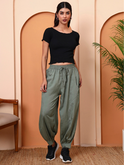 Yash Gallery Rayon Flex Women Solid Elastic Waist Jogger Pants with Pockets