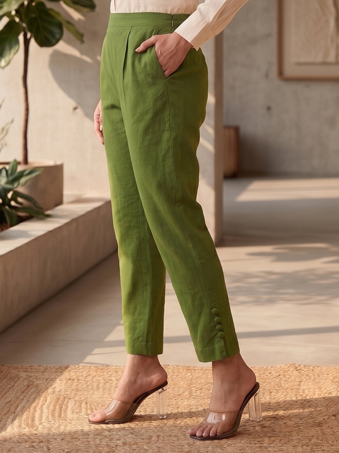 Yash Gallery Women’s Solid GREEN Lycra Ankle-Length Pants with Side Pockets