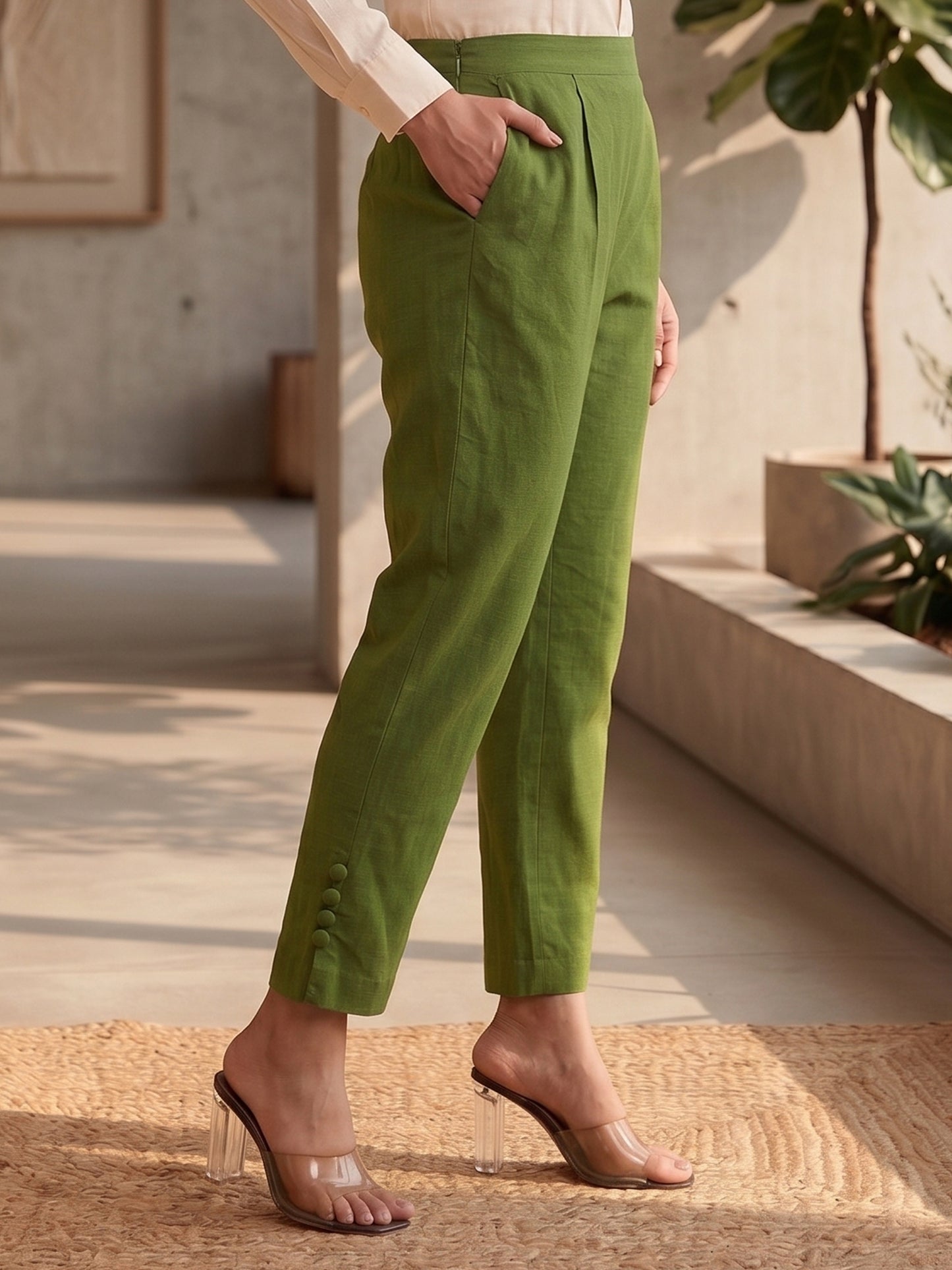 Yash Gallery Women’s Solid GREEN Lycra Ankle-Length Pants with Side Pockets
